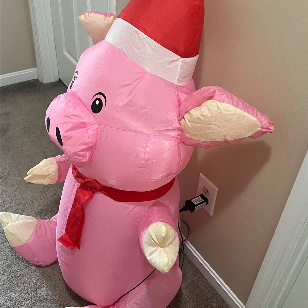 Inflatable 42” tall blow up plug in lighted Christmas holiday pig has inner fan - Picture 2 of 9